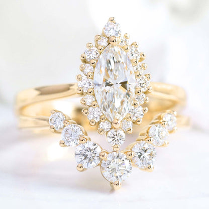 0.7 CT Marquise Cut Halo Style Moissanite Bridal Ring Set