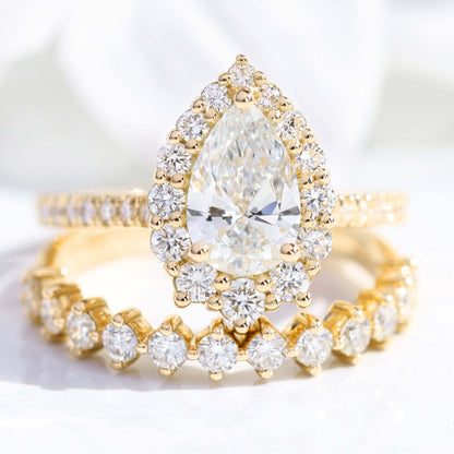 1.2 CT Pear Cut Halo & Pave Moissanite Bridal Ring Set