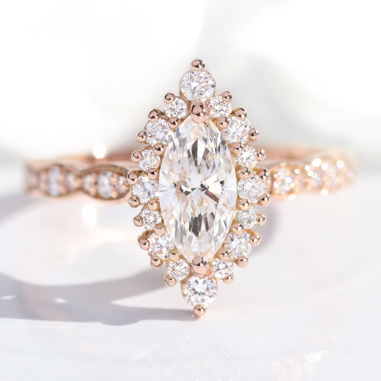 0.7 CT Marquise Cut Halo & Pave Moissanite Bridal Ring Set