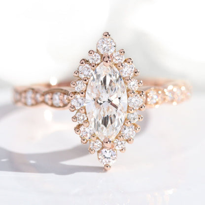 0.7 CT Marquise Cut Halo & Pave Moissanite Bridal Ring Set