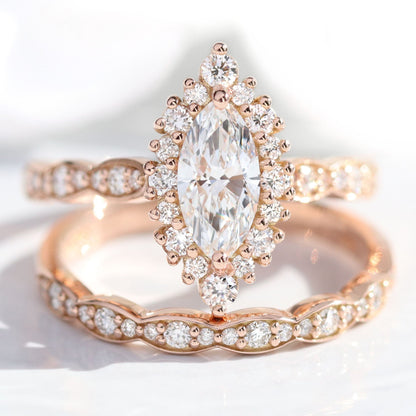 0.7 CT Marquise Cut Halo & Pave Moissanite Bridal Ring Set