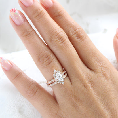 0.7 CT Marquise Cut Halo & Pave Moissanite Bridal Ring Set