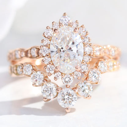 1.15 CT Oval Cut Halo & Pave Moissanite Bridal Ring Set