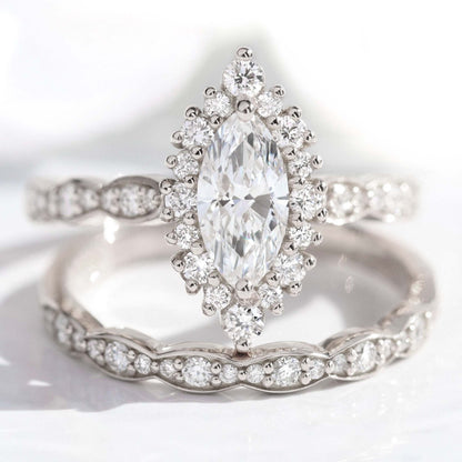 0.7 CT Marquise Cut Halo & Pave Moissanite Bridal Ring Set