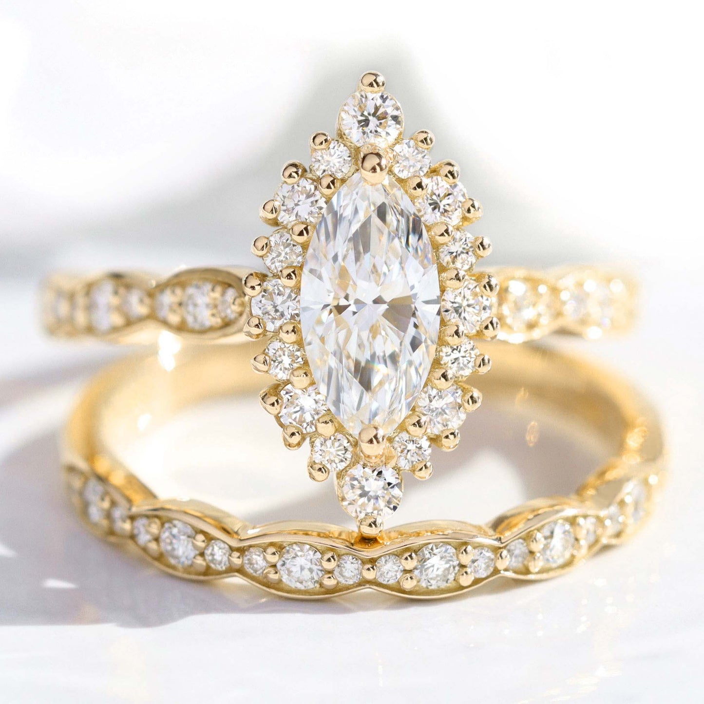 0.7 CT Marquise Cut Halo & Pave Moissanite Bridal Ring Set