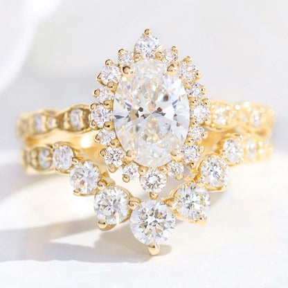 1.15 CT Oval Cut Halo & Pave Moissanite Bridal Ring Set
