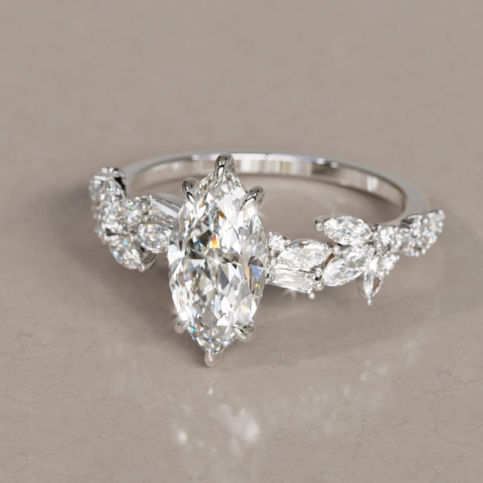Marquise Shaped Three Stone Lab Grown Diamond Engagement Ring