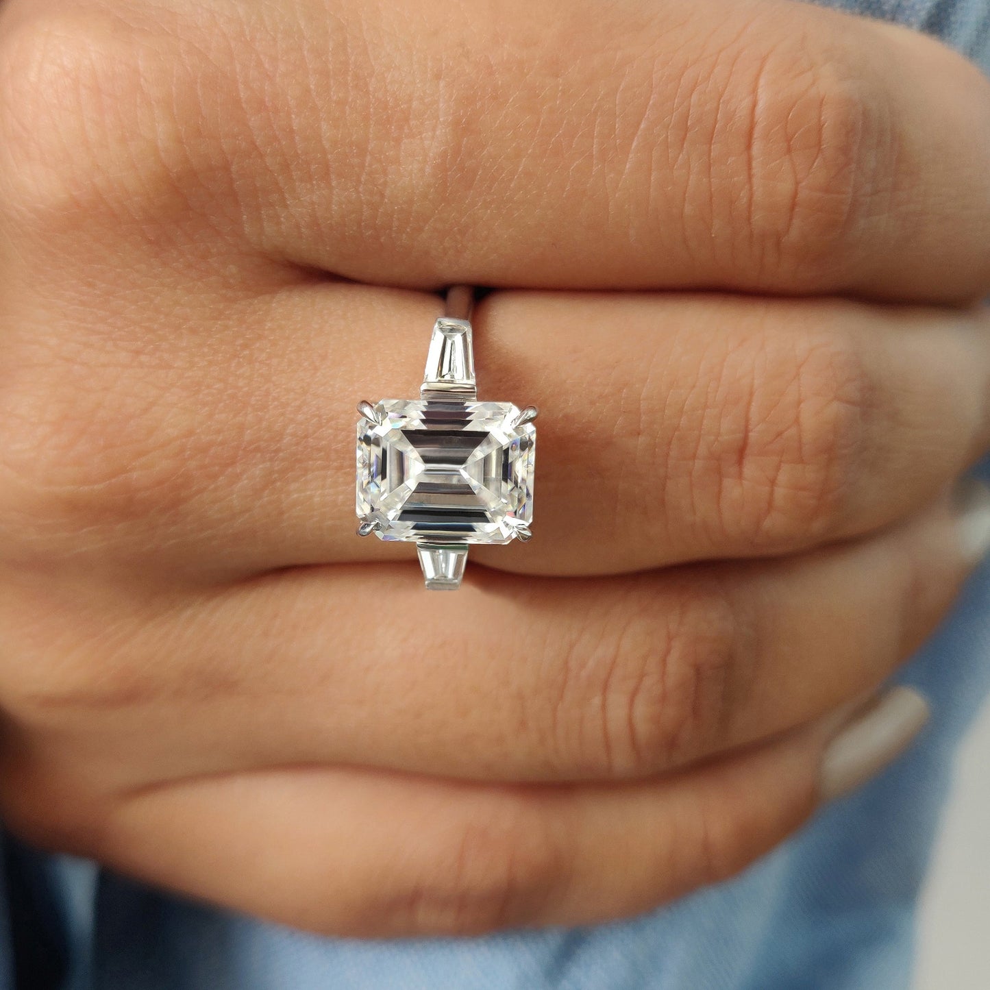 Emerald Cut Moissanite Ring In 3 Stone Style