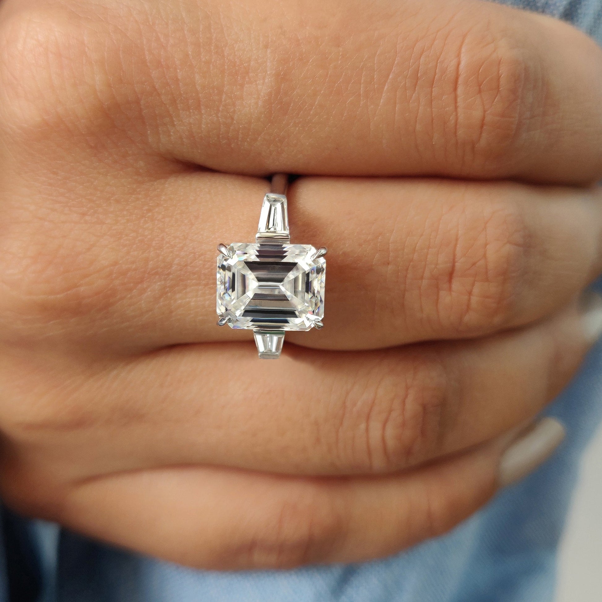 Emerald Cut Moissanite Ring In 3 Stone Style