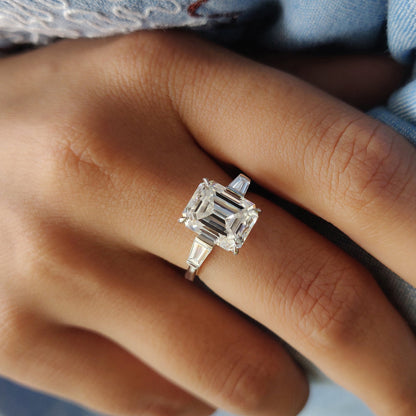 Emerald Cut Moissanite Ring In 3 Stone Style