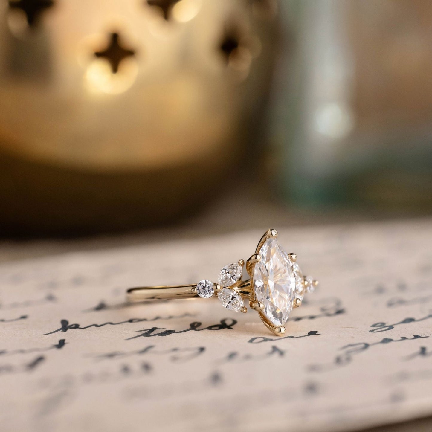 Marquise Shaped Three Stone Lab Grown Diamond Engagement Ring