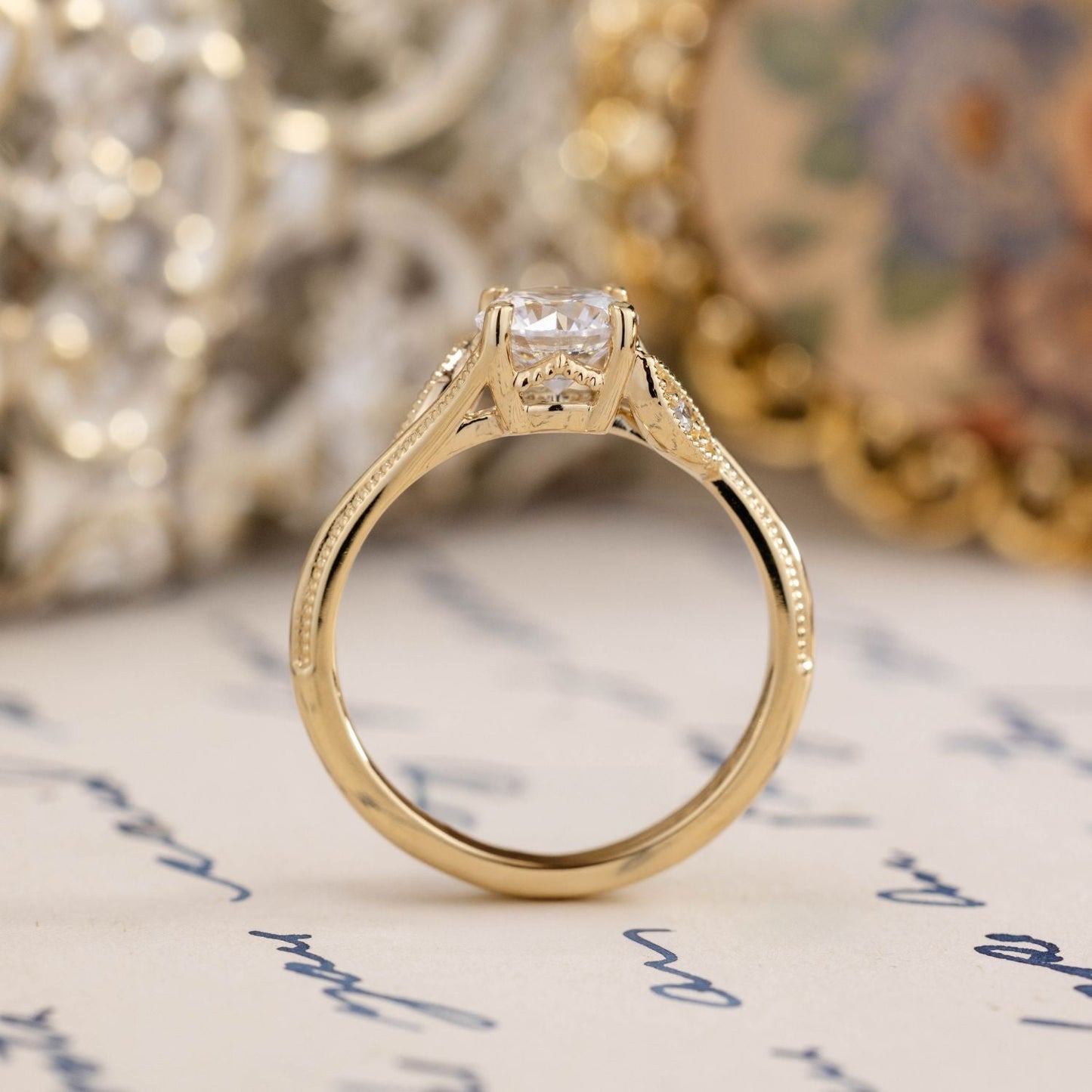 1 CT Round Shaped Vintage Inspired-Milgrain Moissanite Diamond Engagement Ring