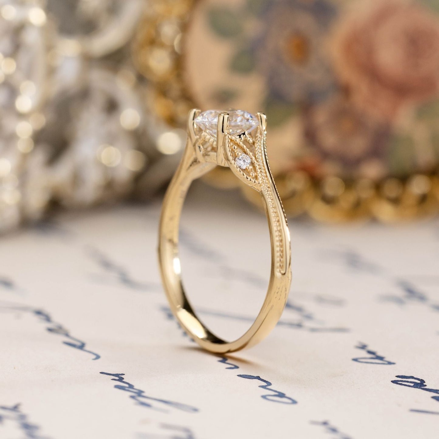 1 CT Round Shaped Vintage Inspired-Milgrain Moissanite Diamond Engagement Ring