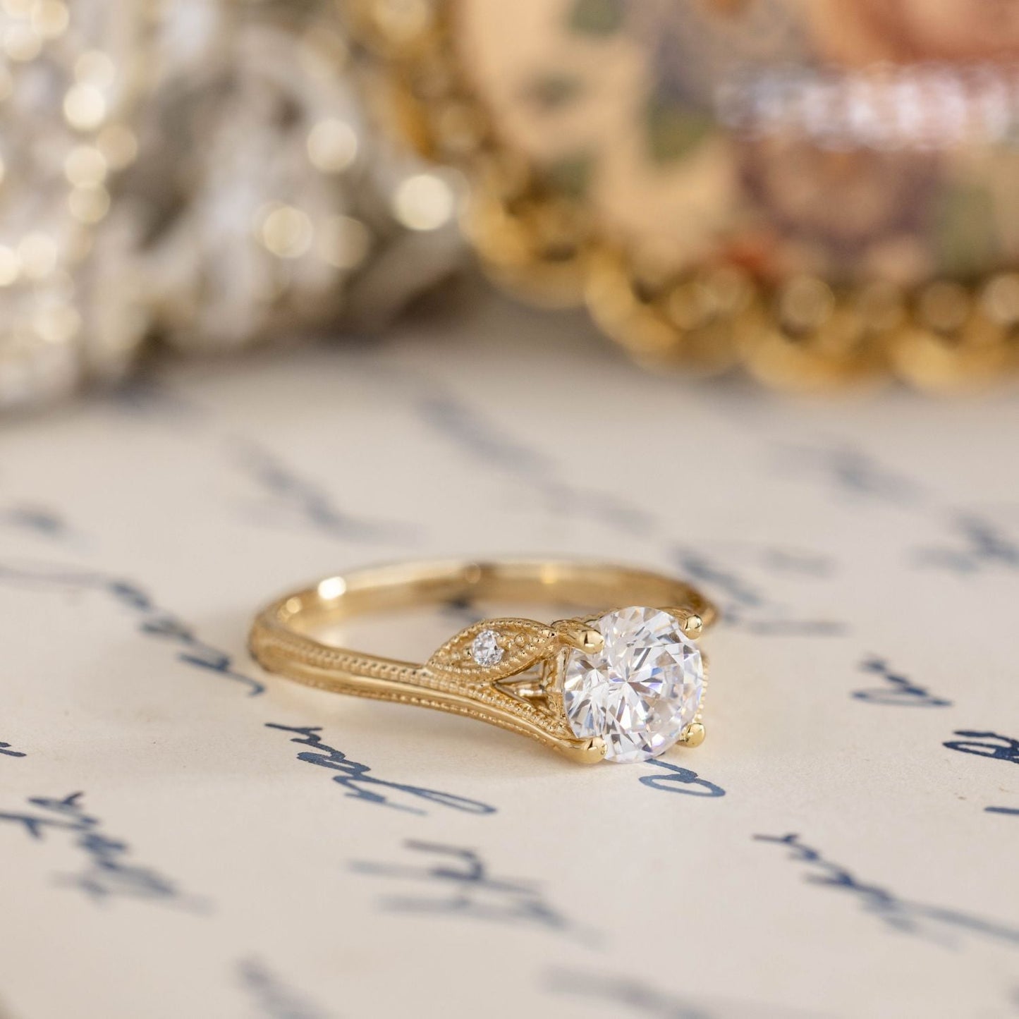 1 CT Round Shaped Vintage Inspired-Milgrain Moissanite Diamond Engagement Ring