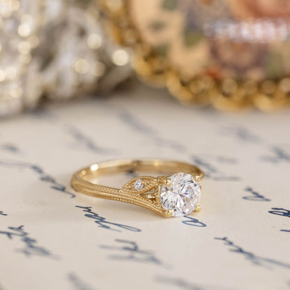 1 CT Round Shaped Vintage Inspired-Milgrain Moissanite Diamond Engagement Ring