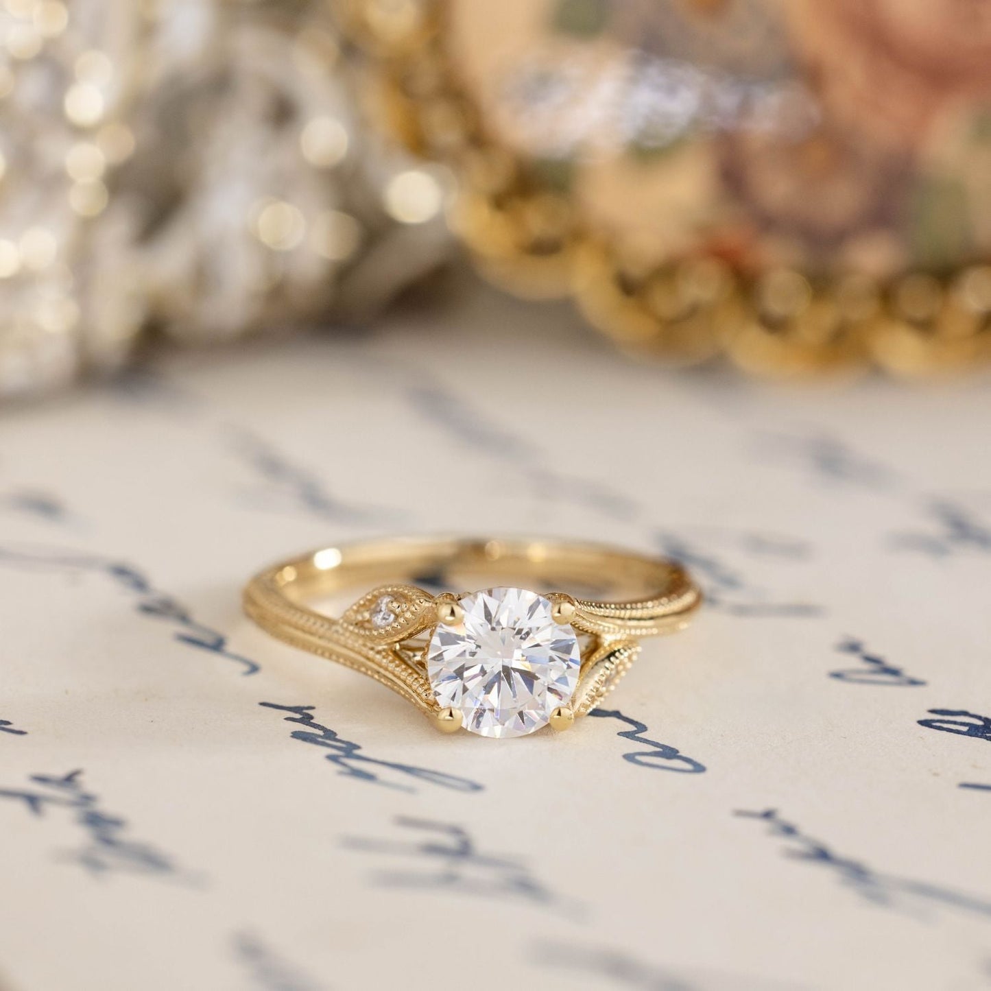 1 CT Round Shaped Vintage Inspired-Milgrain Moissanite Diamond Engagement Ring