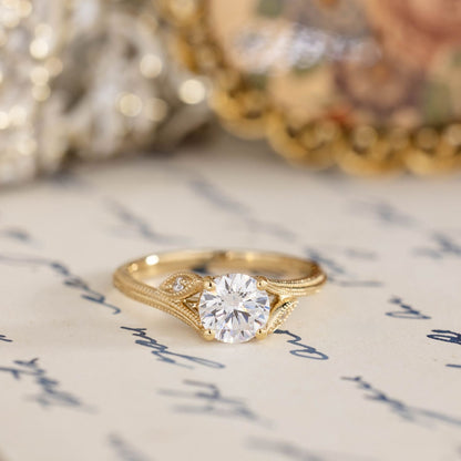 1 CT Round Shaped Vintage Inspired-Milgrain Moissanite Diamond Engagement Ring