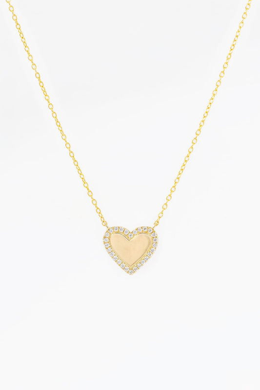 0.12 CT Round Pavé Border Engravable Heart Moissanite Diamond Necklace in Solid Gold