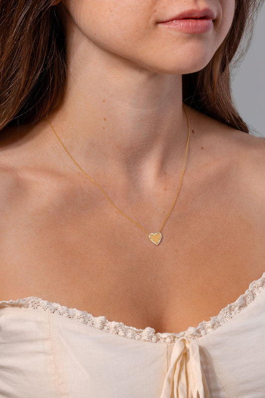0.12 CT Round Pavé Border Engravable Heart Moissanite Diamond Necklace in Solid Gold