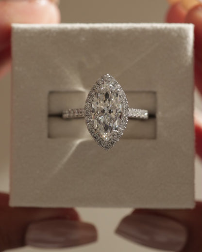 2 CT Marquise Cut Halo and Pave Moissanite Diamond Engagement Ring