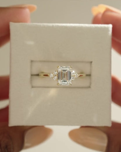2.0 Ct Emerald Cut Cluster Moissanite Diamond Engagement Ring