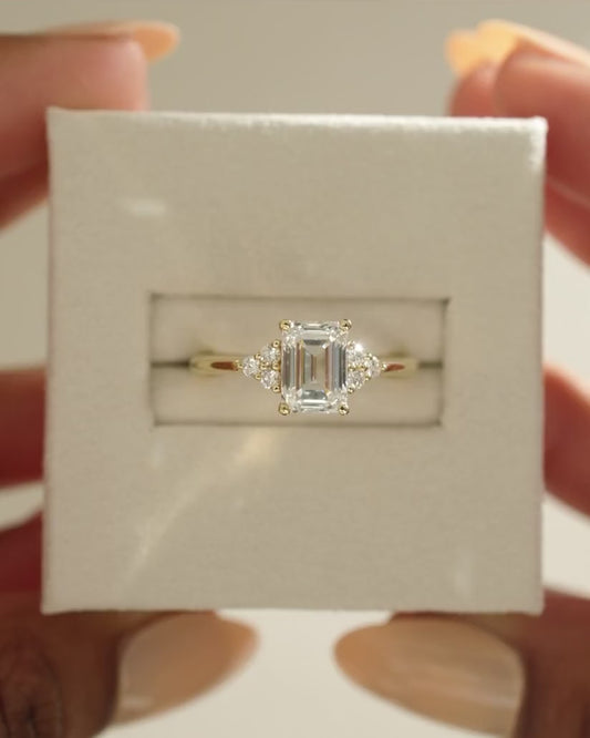 2.0 Ct Emerald Cut Cluster Moissanite Diamond Engagement Ring