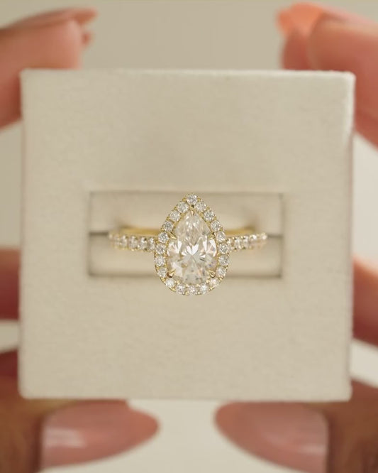 2 CT Pear Cut Halo and Pave Moissanite Diamond Engagement Ring