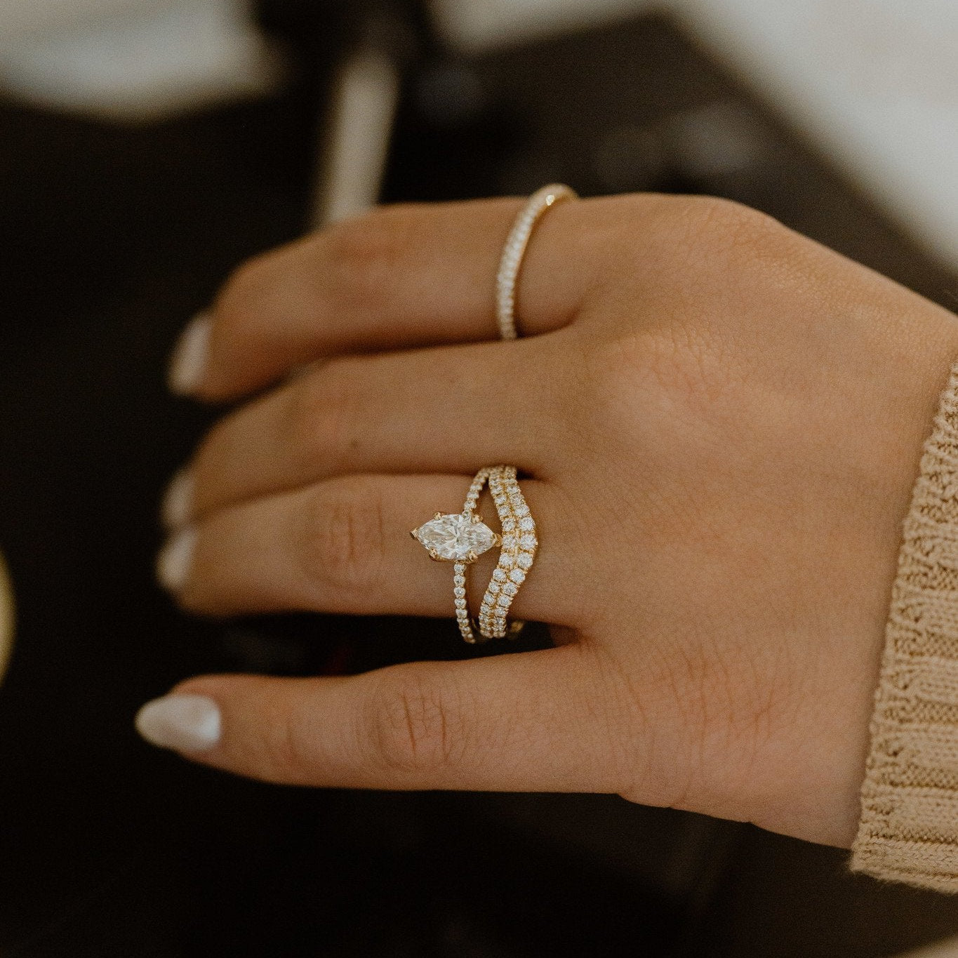 Marquise Shaped Three Stone Lab Grown Diamond Engagement Ring