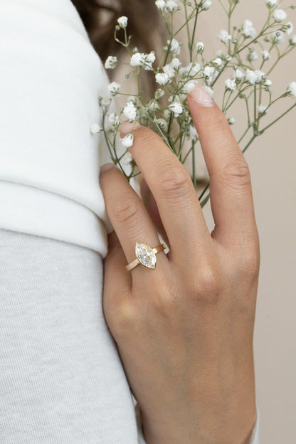 Marquise Shaped Three Stone Lab Grown Diamond Engagement Ring