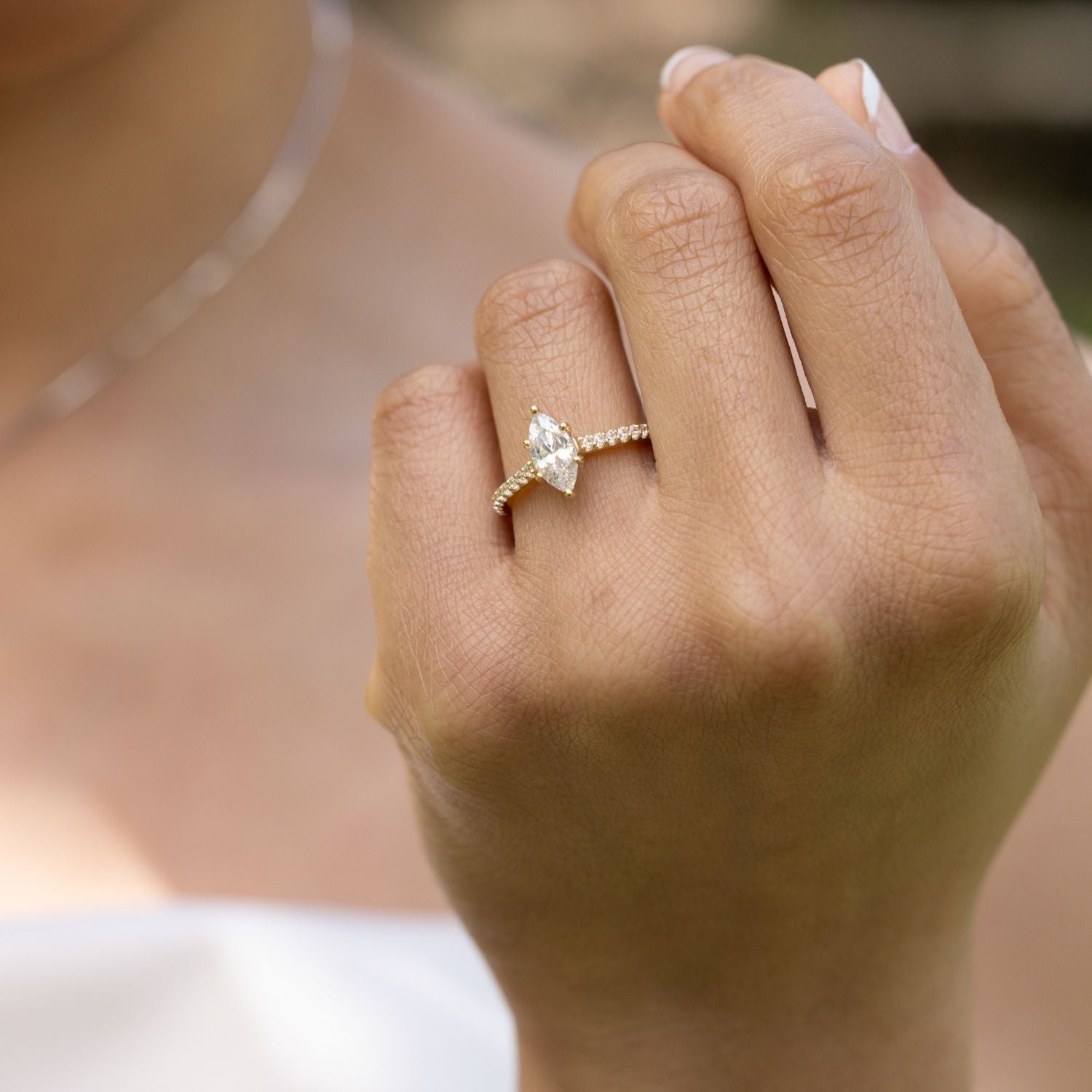 Marquise Shaped Three Stone Lab Grown Diamond Engagement Ring