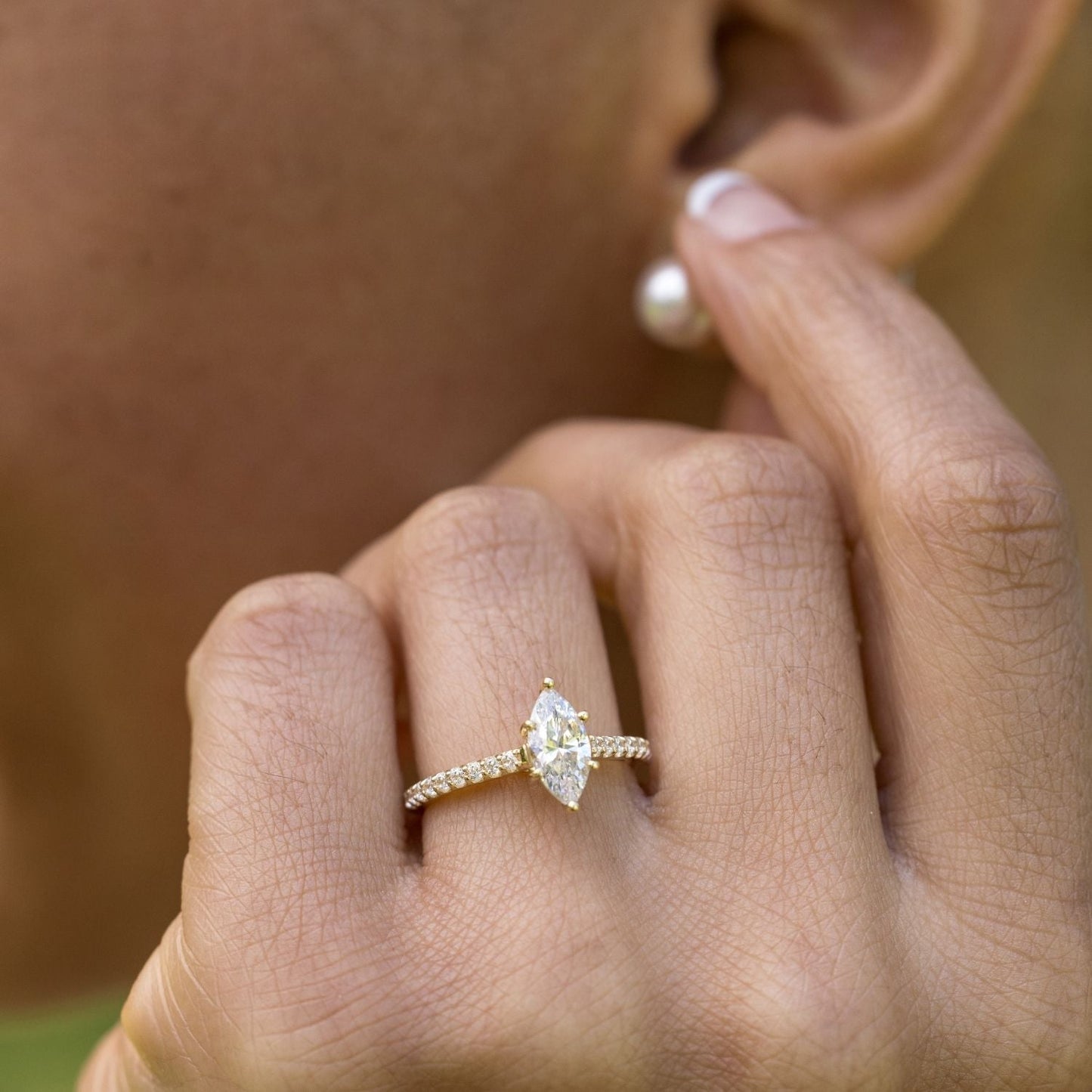 Marquise Shaped Three Stone Lab Grown Diamond Engagement Ring