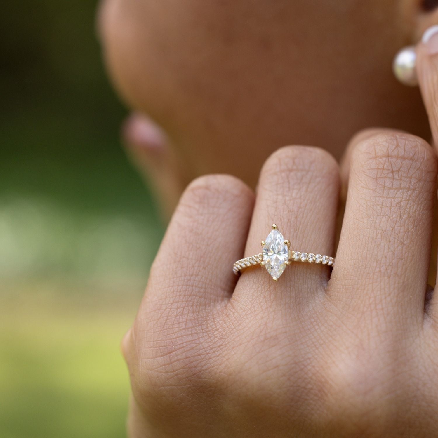 Marquise Shaped Three Stone Lab Grown Diamond Engagement Ring