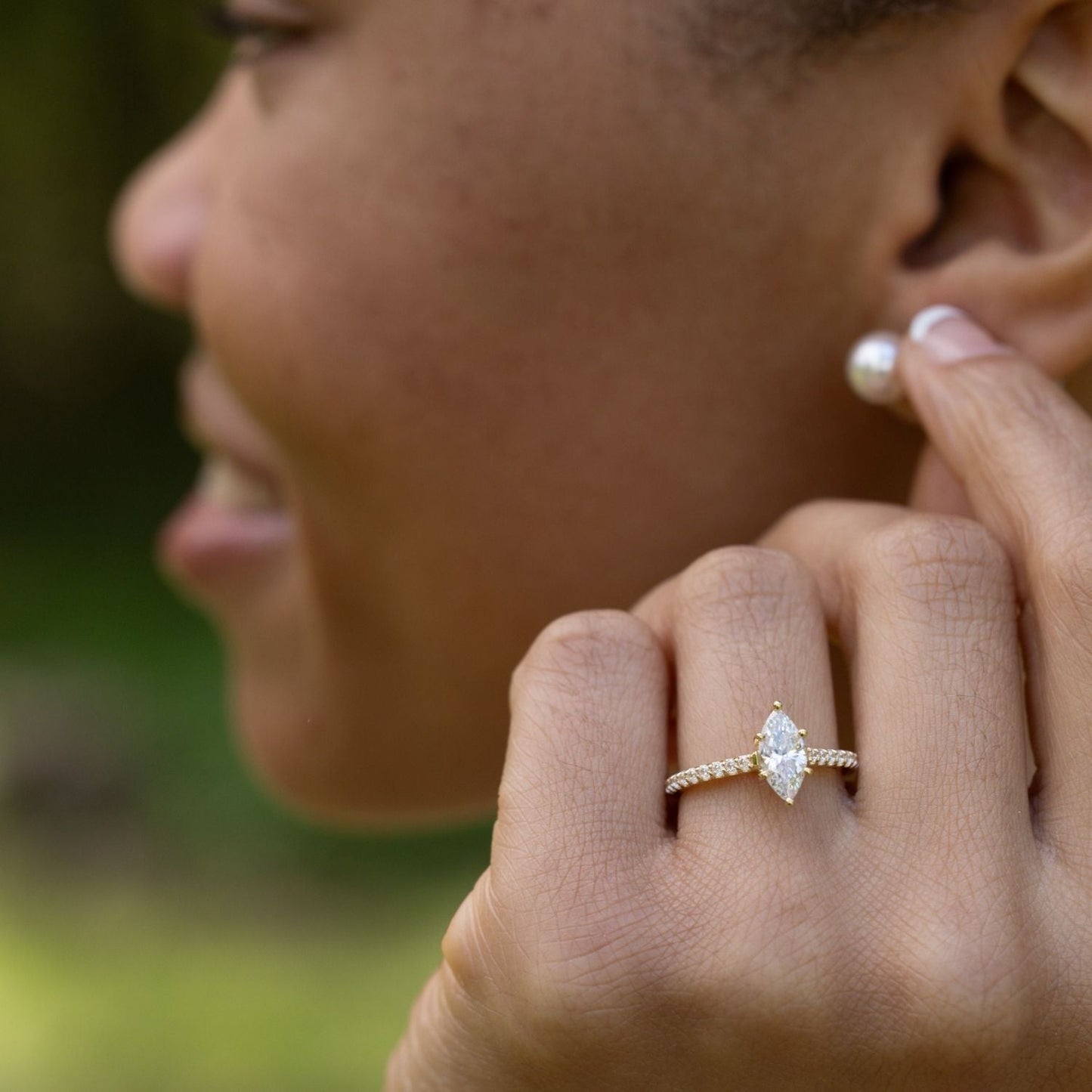 Marquise Shaped Three Stone Lab Grown Diamond Engagement Ring