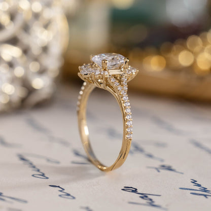 1 CT Oval Shaped Halo & Pave Moissanite Diamond Engagement Ring