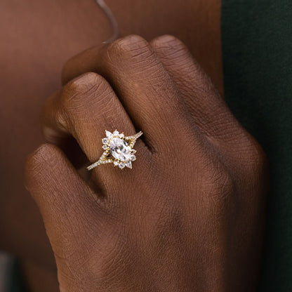 1 CT Oval Shaped Halo & Pave Moissanite Diamond Engagement Ring