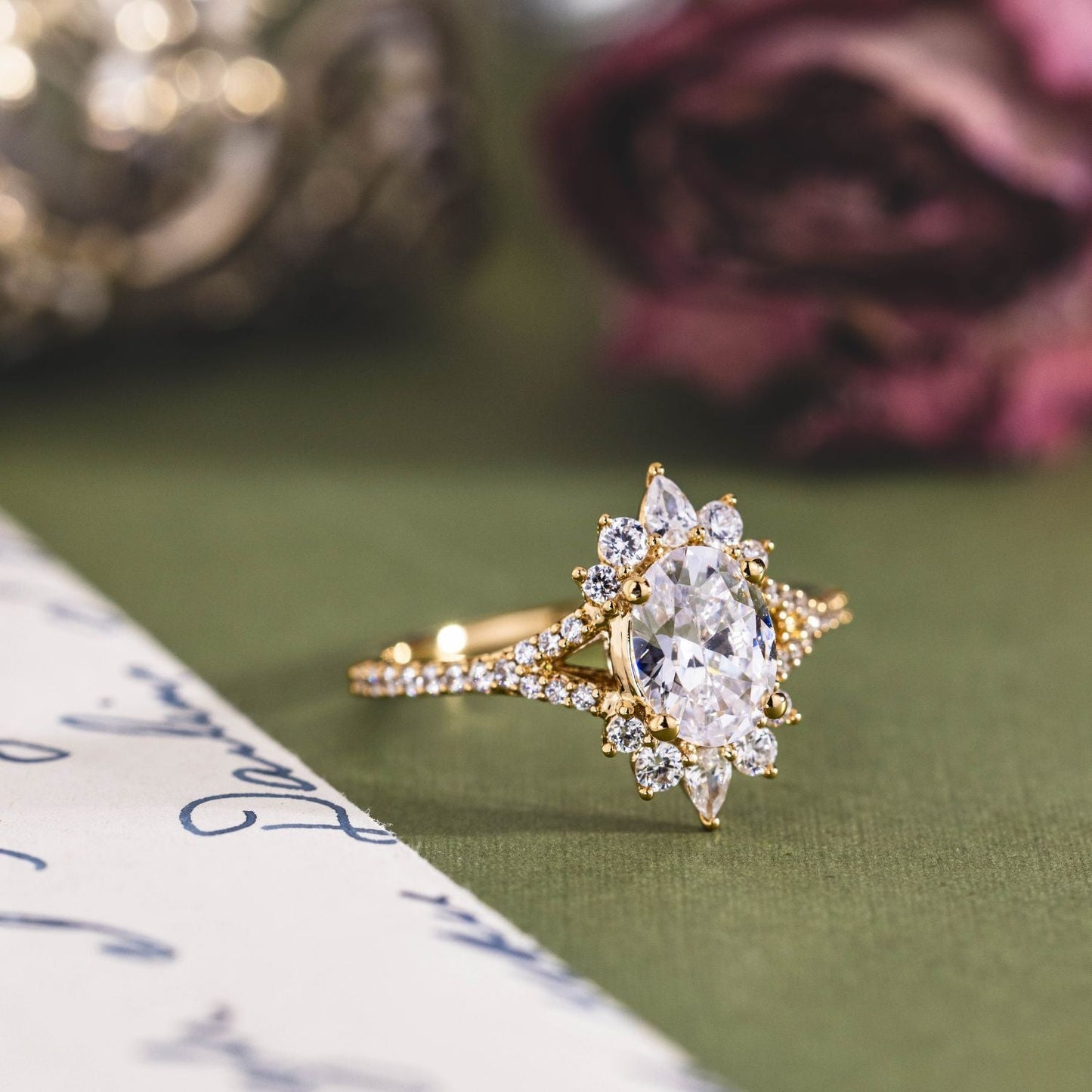 1 CT Oval Shaped Halo & Pave Moissanite Diamond Engagement Ring