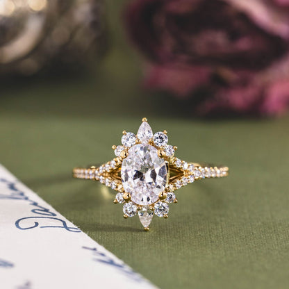 1 CT Oval Shaped Halo & Pave Moissanite Diamond Engagement Ring