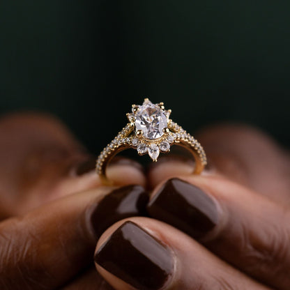 1 CT Oval Shaped Halo & Pave Moissanite Diamond Engagement Ring