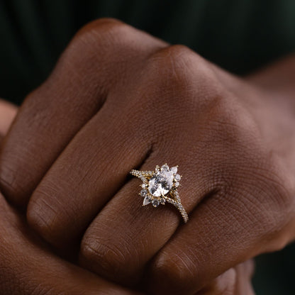 1 CT Oval Shaped Halo & Pave Moissanite Diamond Engagement Ring