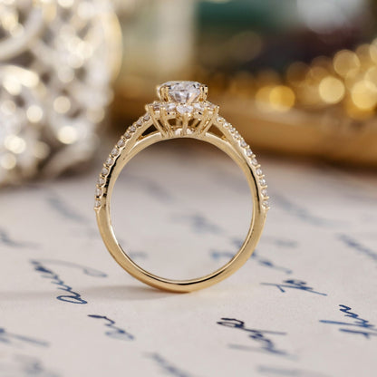 1 CT Oval Shaped Halo & Pave Moissanite Diamond Engagement Ring