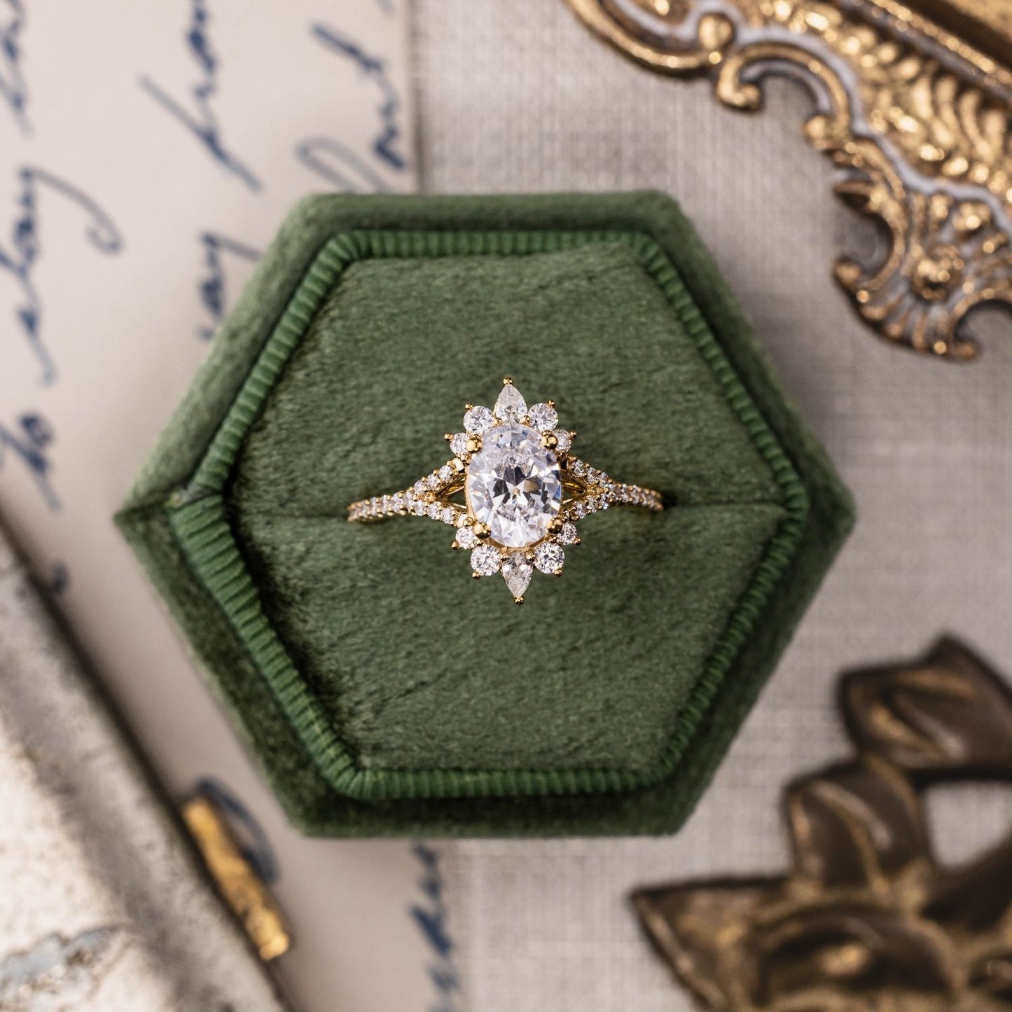 1 CT Oval Shaped Halo & Pave Moissanite Diamond Engagement Ring