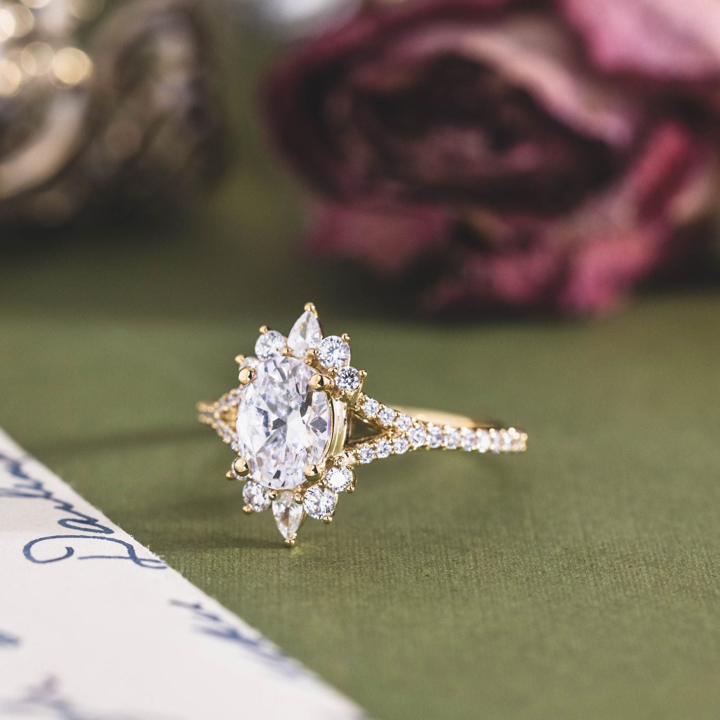 1 CT Oval Shaped Halo & Pave Moissanite Diamond Engagement Ring